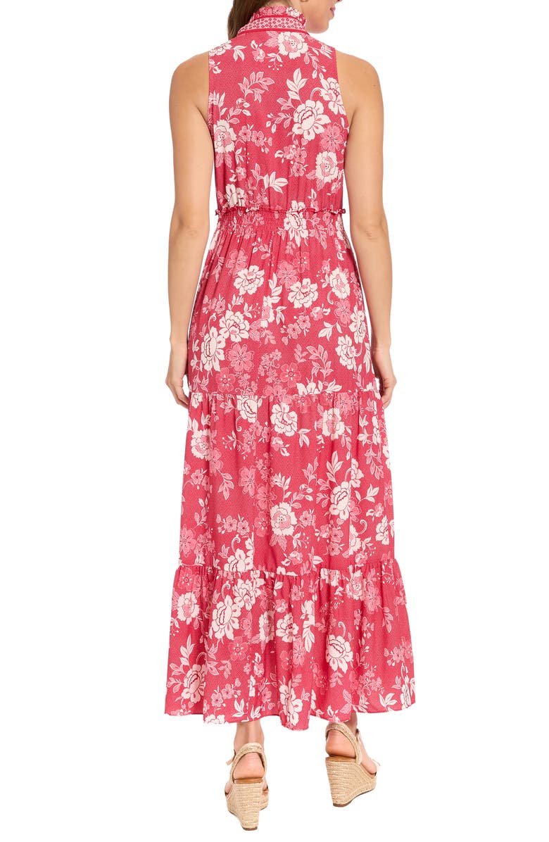 London Times Floral Sleeveless Smocked Waist Tiered Maxi Dress, Alternate, color, Gogi Berry/ Soft White