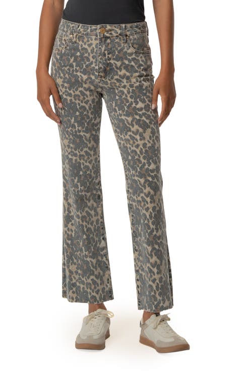 Kelsey Print Raw Hem High Waist Ankle Flare Jeans