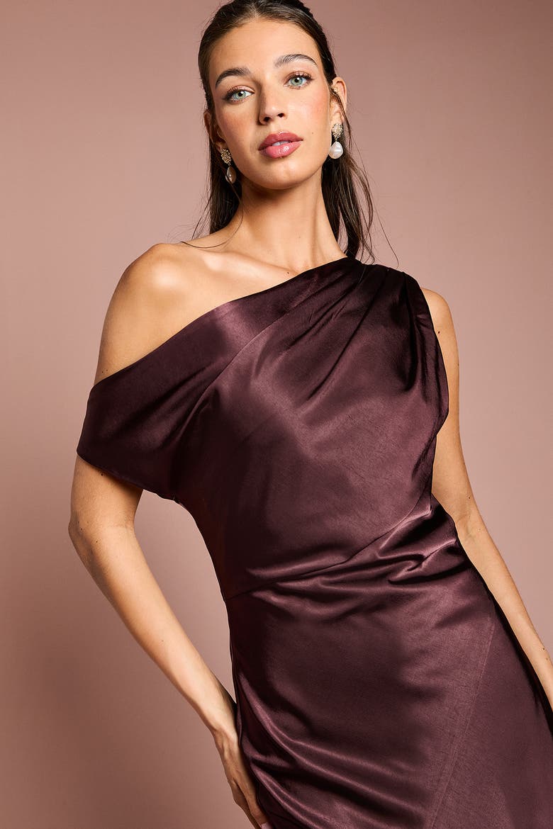 Satin One Shoulder Fishtail Maxi Dress, Alternate, color, Espresso