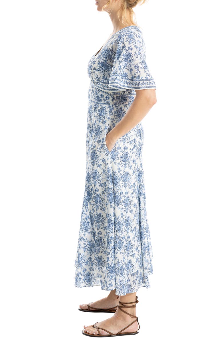 MAX STUDIO Flutter Sleeve Empire Waist Maxi Dress, Alternate, color, Cream/ Denim Rosette Toile