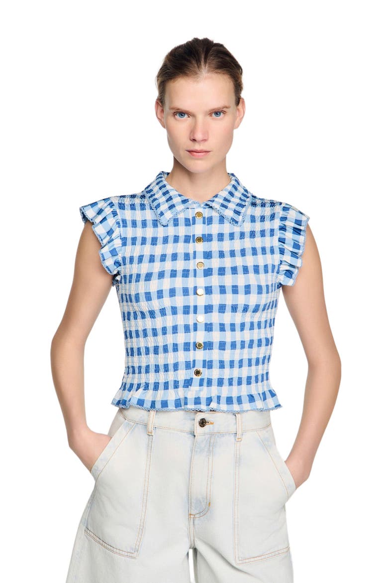 Check smocked T-shirt, Alternate, color, Blu / white