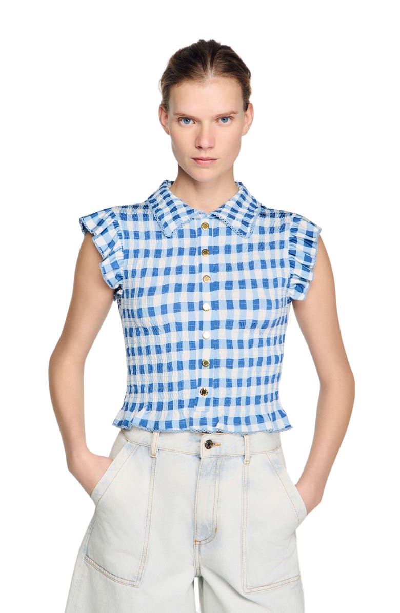 SANDRO Check smocked T-shirt, Alternate, color, Blu / White