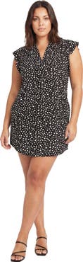 24seven Comfort Apparel Curvy Essential Dots Print V-Neck Round Hem Mini Pocket Shift Dress