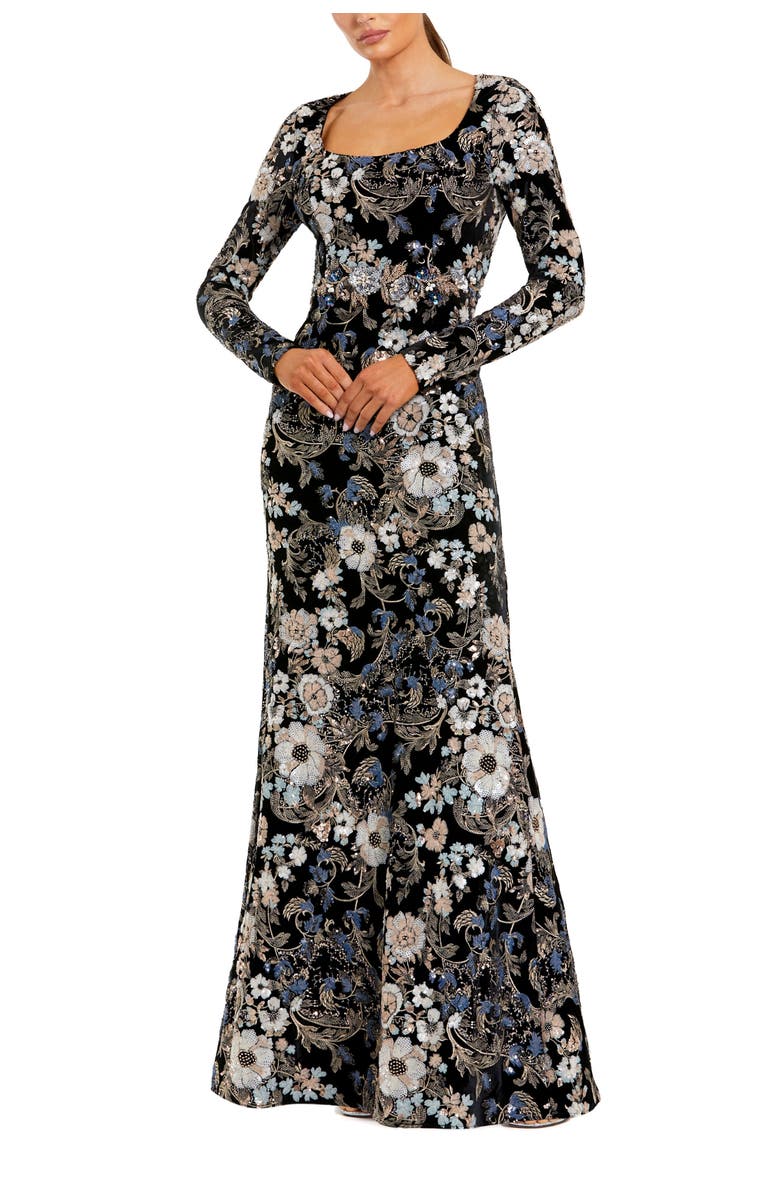 Mac Duggal Embroidered Velvet Long Sleeve Scoop Neck Gown, Main, color, Black Multi