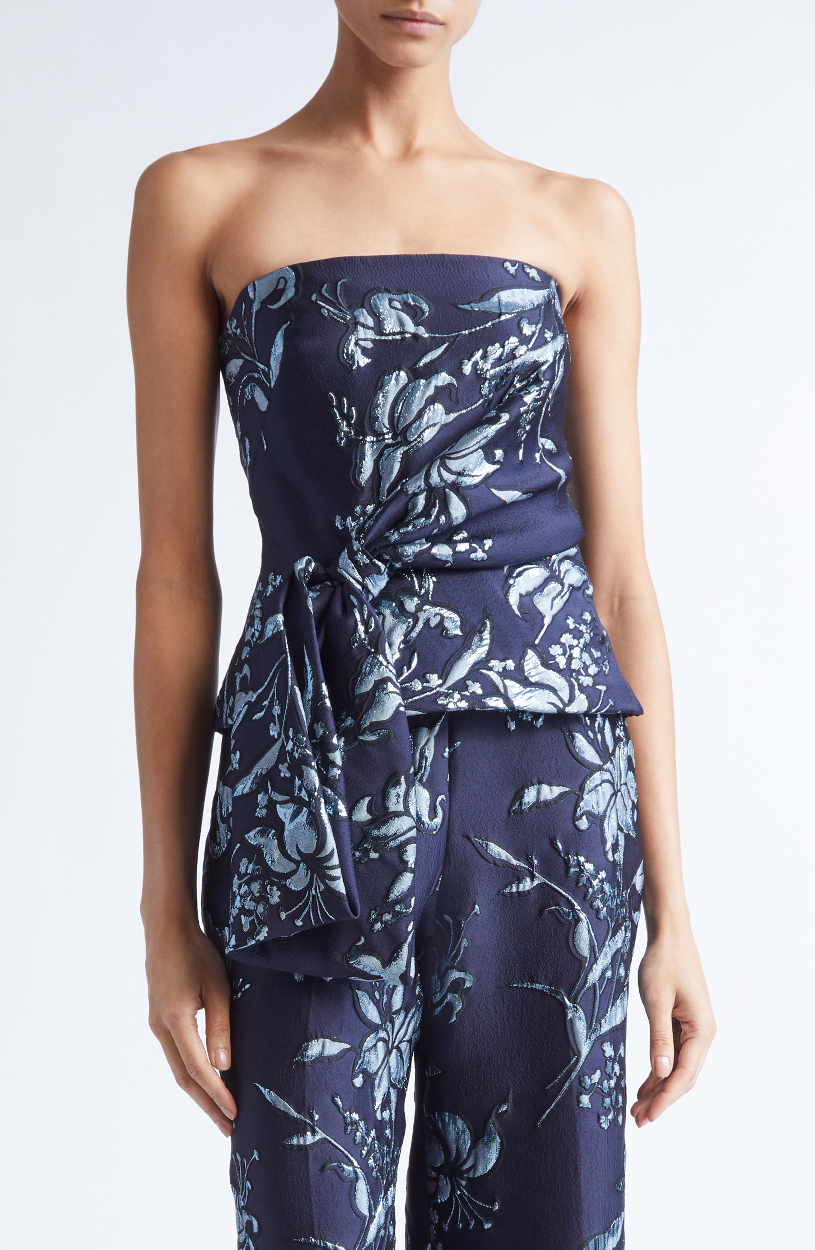 Metallic Floral Brocade Strapless Cascade Top