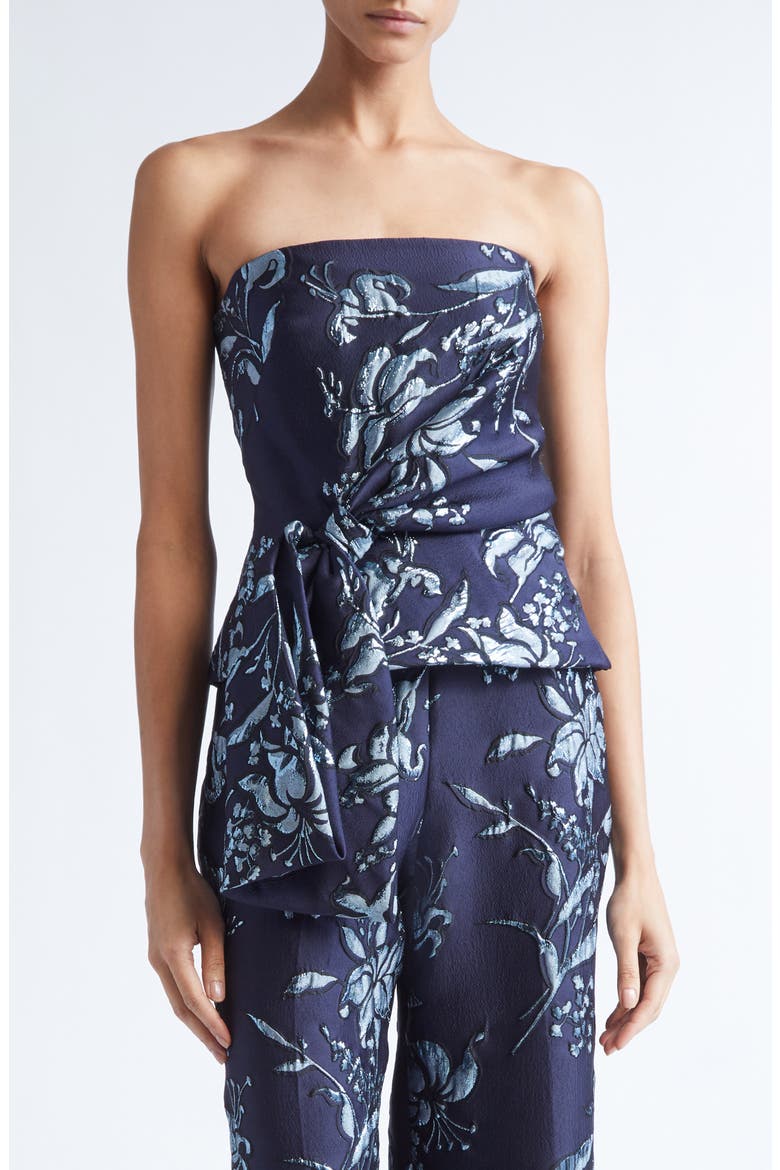 Metallic Floral Brocade Strapless Cascade Top, Main, color, NAVY