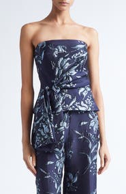 Lela Rose Metallic Floral Brocade Strapless Cascade Top