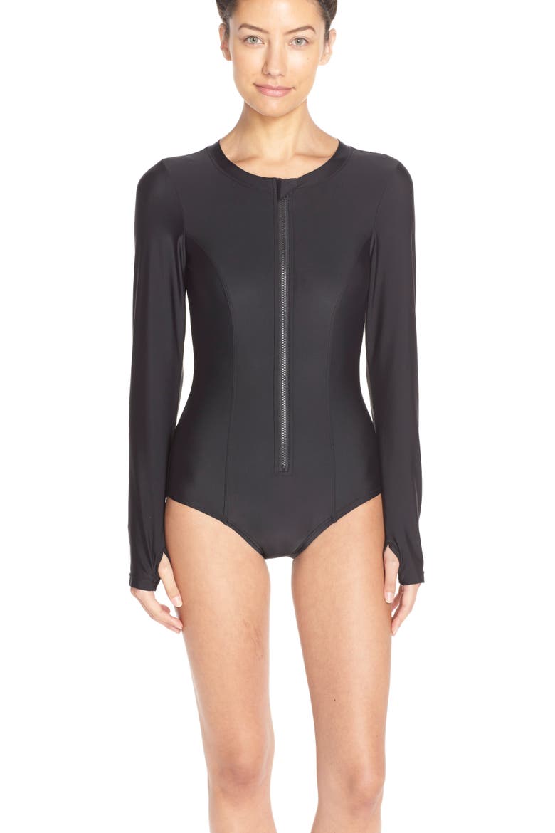 Long Sleeve One-Piece Swimsuit, Alternate, color, BLACK