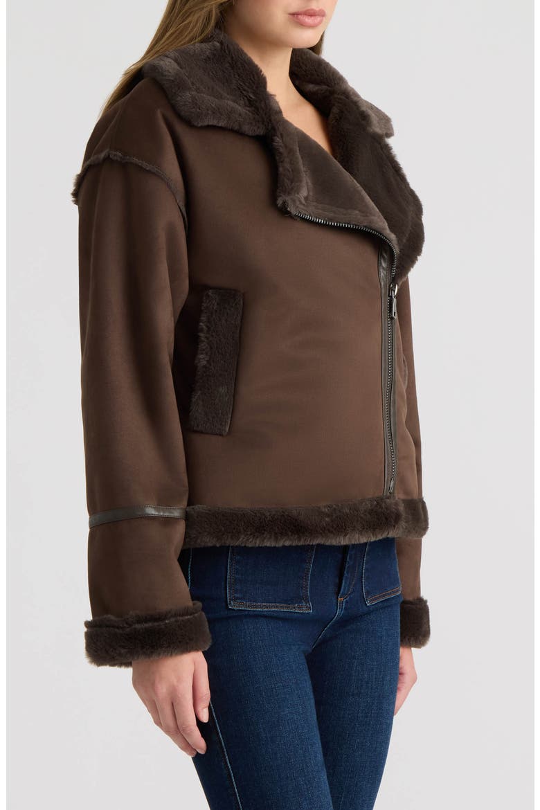 Faux Fur Trim Faux Suede Biker Jacket, Alternate, color, ESPRESSO