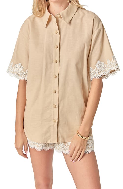 English Factory Embroidered Lace Linen Blend Shirt In Brown