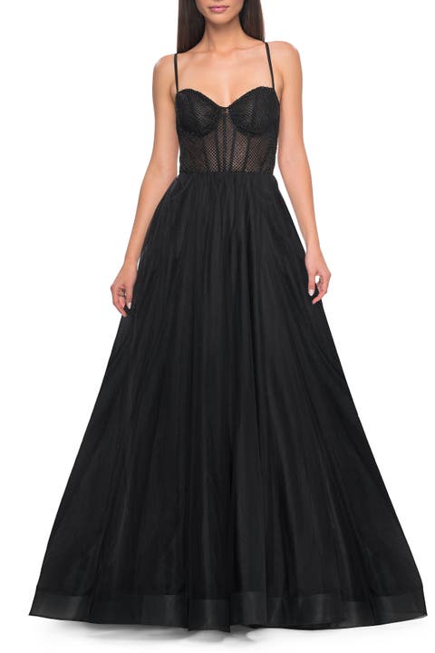 A-Line Tulle Gown with Rhinestone Fishnet Bodice