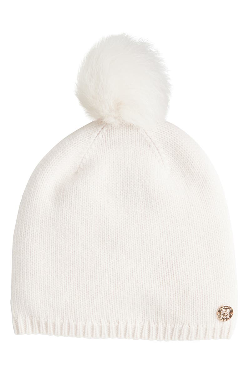 Bruno Magli Cashmere Pompom Beanie, Main, color, Ivory