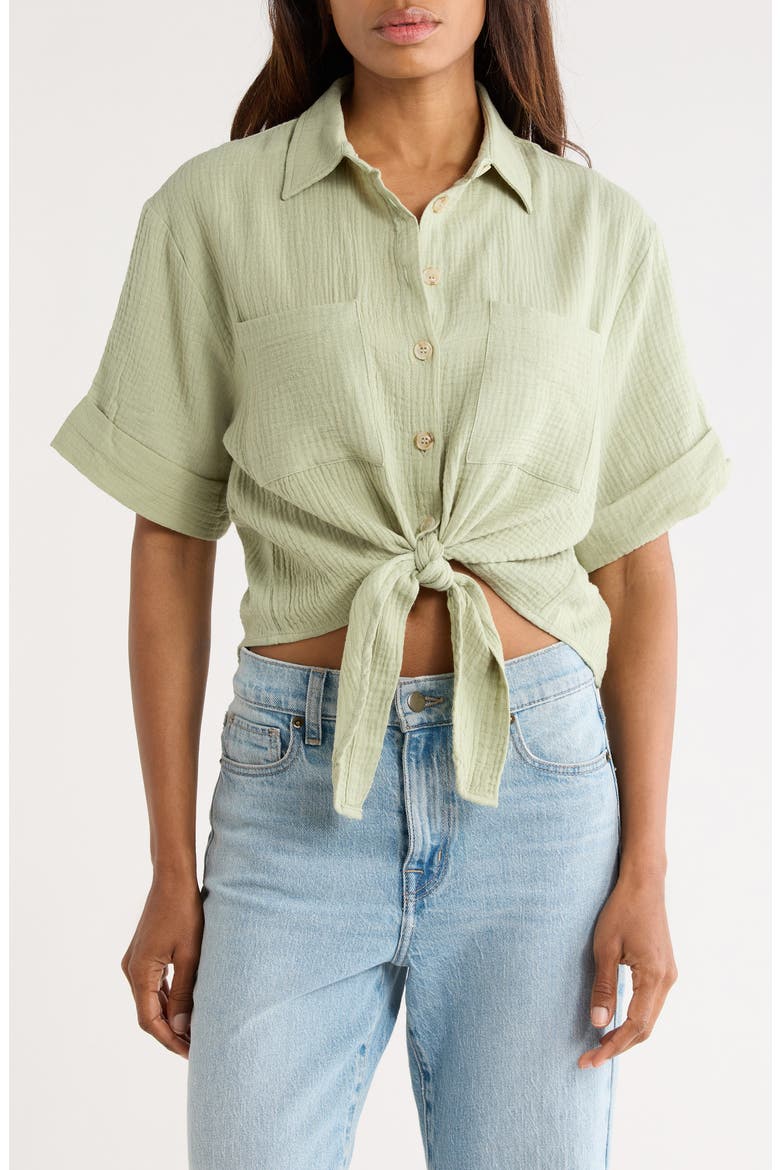 Short Sleeve Tie Front Button-Up Top, Main, color, PISTACHE