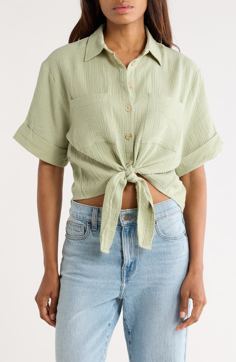 FRNCH Short Sleeve Tie Front Button-Up Top, Main, color, Pistache