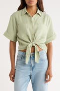 FRNCH Short Sleeve Tie Front Button-Up Top