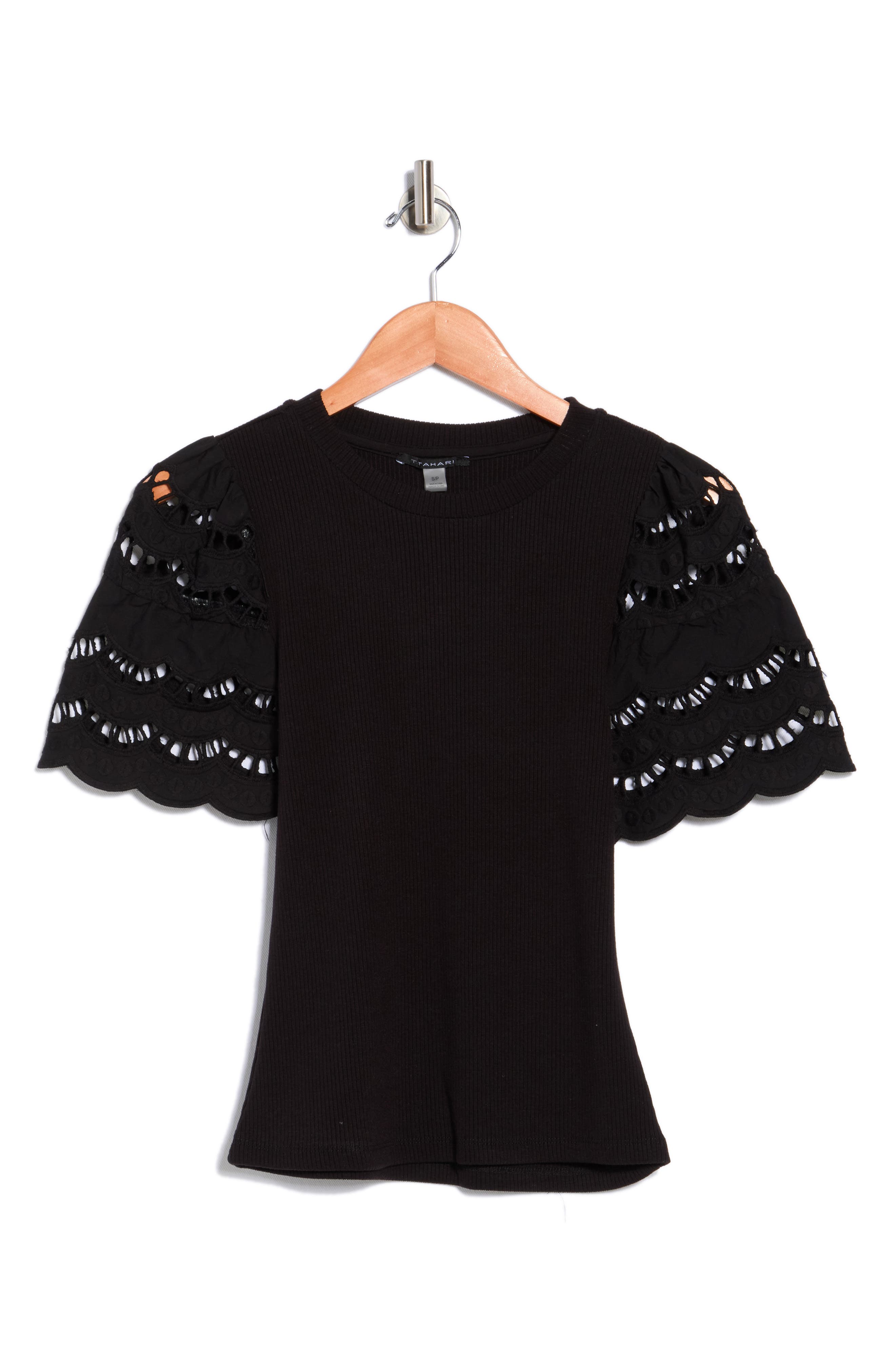 T Tahari Embroidered Eyelet Sleeve Ribbed Top