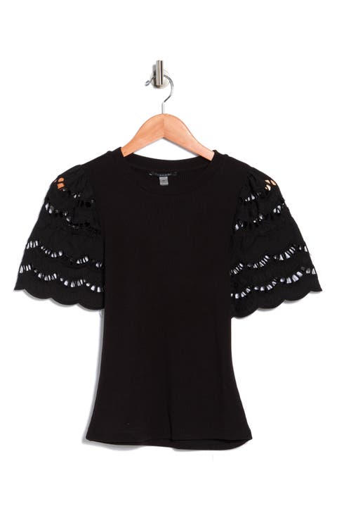 Embroidered Eyelet Sleeve Ribbed Top