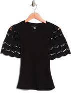 T Tahari Embroidered Eyelet Sleeve Ribbed Top