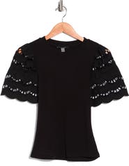 T Tahari Embroidered Eyelet Sleeve Ribbed Top