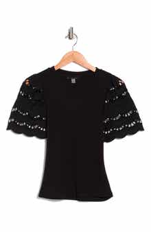 T Tahari Embroidered Eyelet Sleeve Ribbed Top