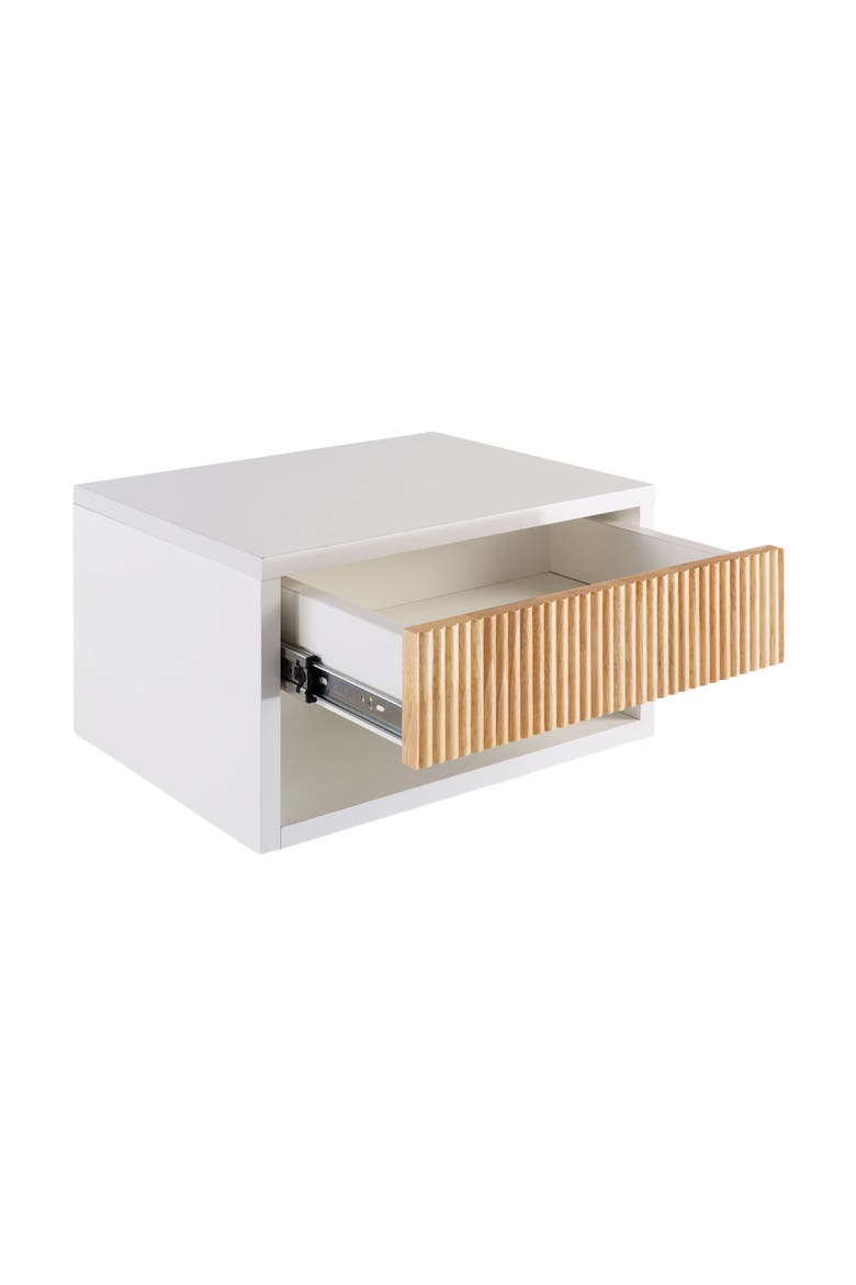 Elise Modern Floating Wall Mounted Nightstand, Bedside Table with Fluted Drawer, Open Shelf Cable Management,, Main, color, White/Light Oak