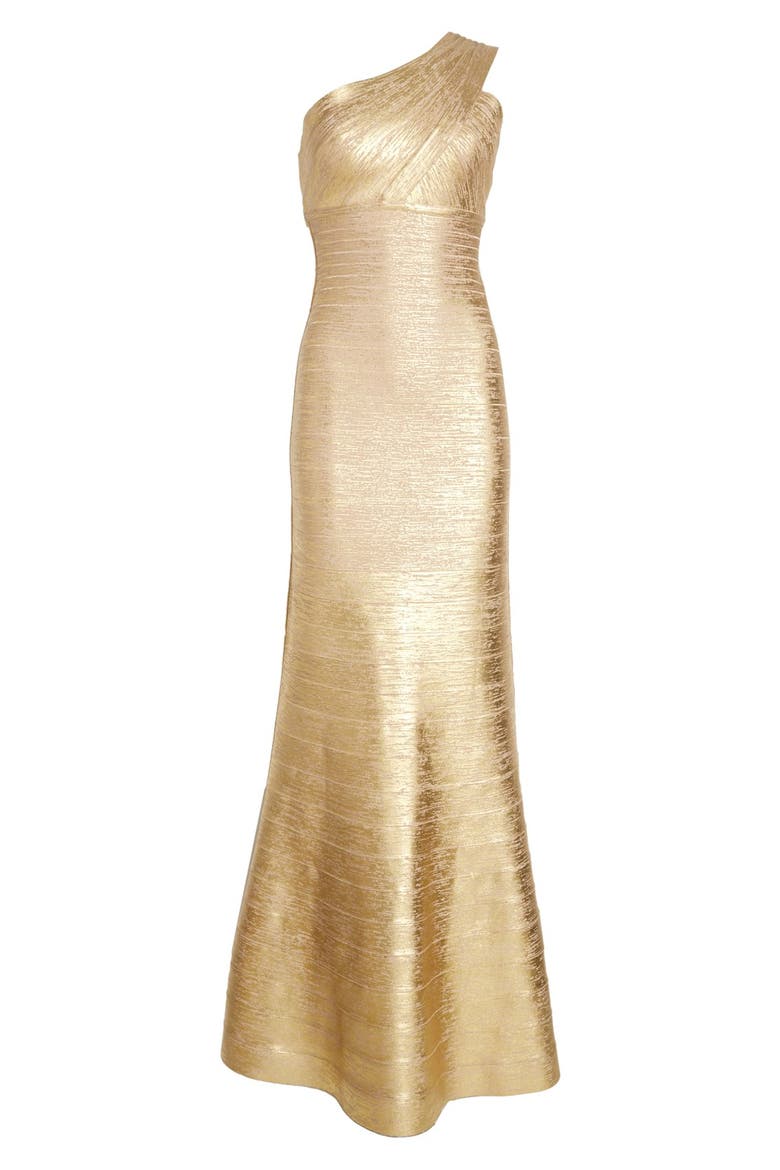 'Lilyanna' One-Shoulder Woodgrain Metallic Gown, Alternate, color, GOLD COMBO