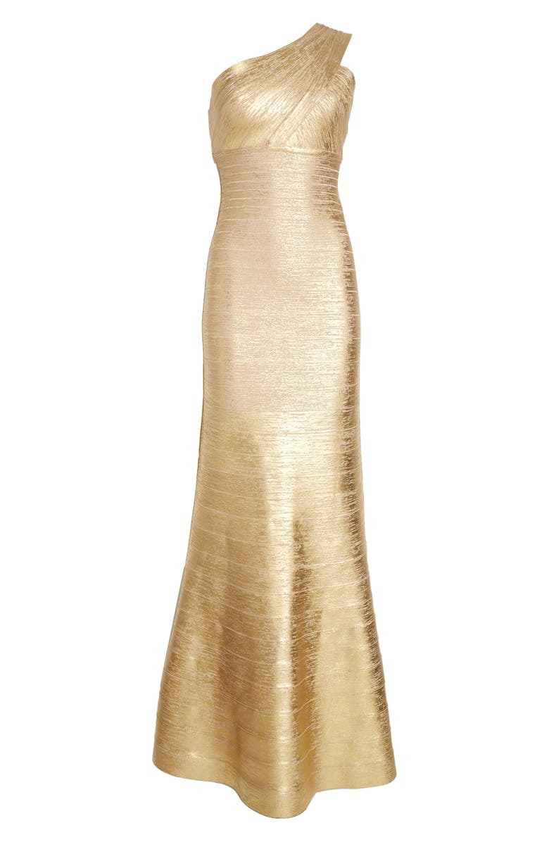 Herve Leger 'Lilyanna' One-Shoulder Woodgrain Metallic Gown, Alternate, color,