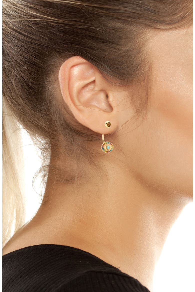 Rainbow Evil Eye Barbell Drop Earrings, Alternate, color, MULTI/ GOLD