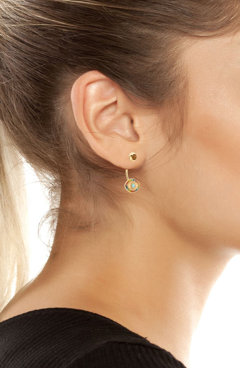 Kurt Geiger London Rainbow Evil Eye Barbell Drop Earrings, Alternate, color, Multi/ Gold