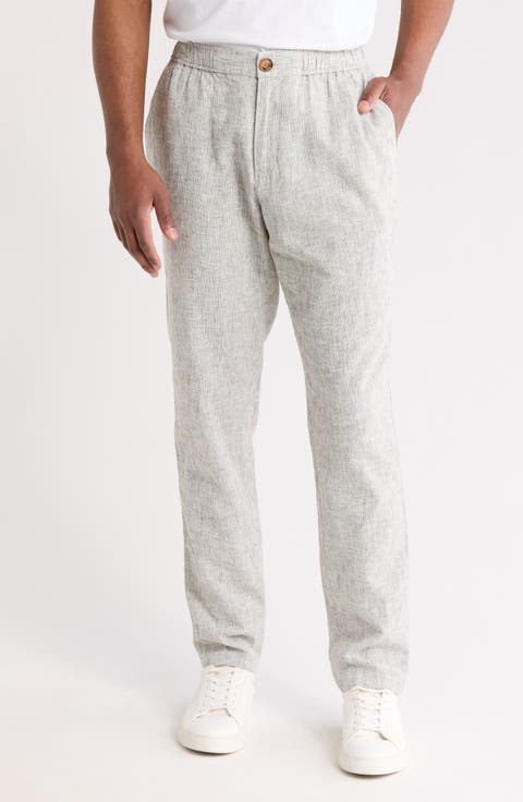 Elastic Waist Linen Blend Trim Fit Pants