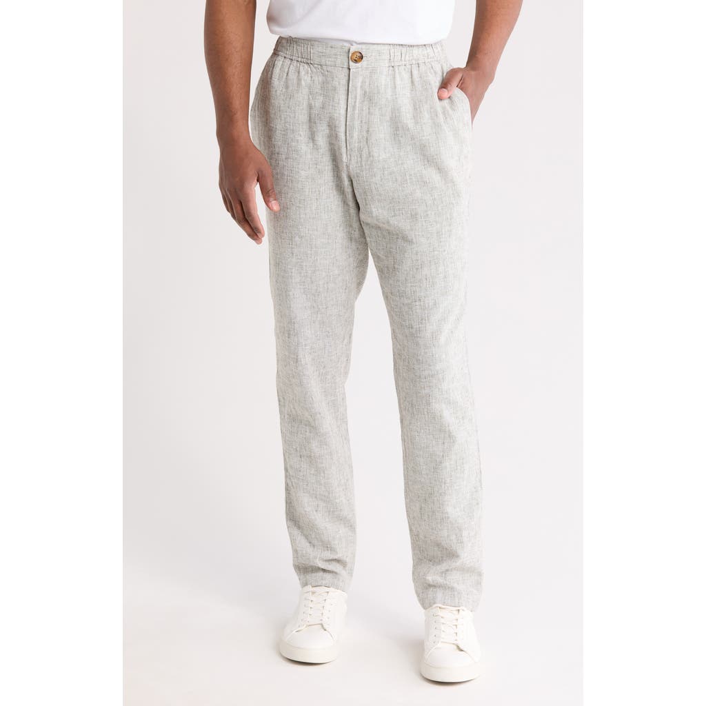 14th & Union Elastic Waist Linen Blend Trim Fit Pants In Olive Night- White Eoe