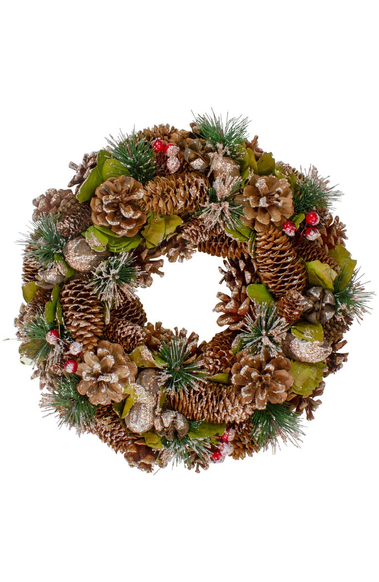 Northlight Green and Brown Frosted Pinecones and Bells Christmas Wreath - 13" Unlit, Main, color, Green