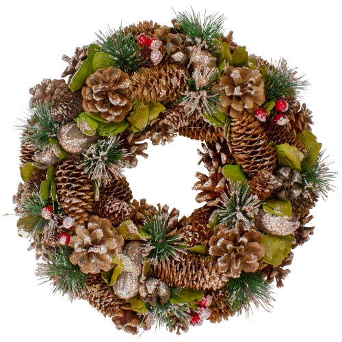 Northlight Green And Brown Frosted Pinecones And Bells Christmas Wreath In Green