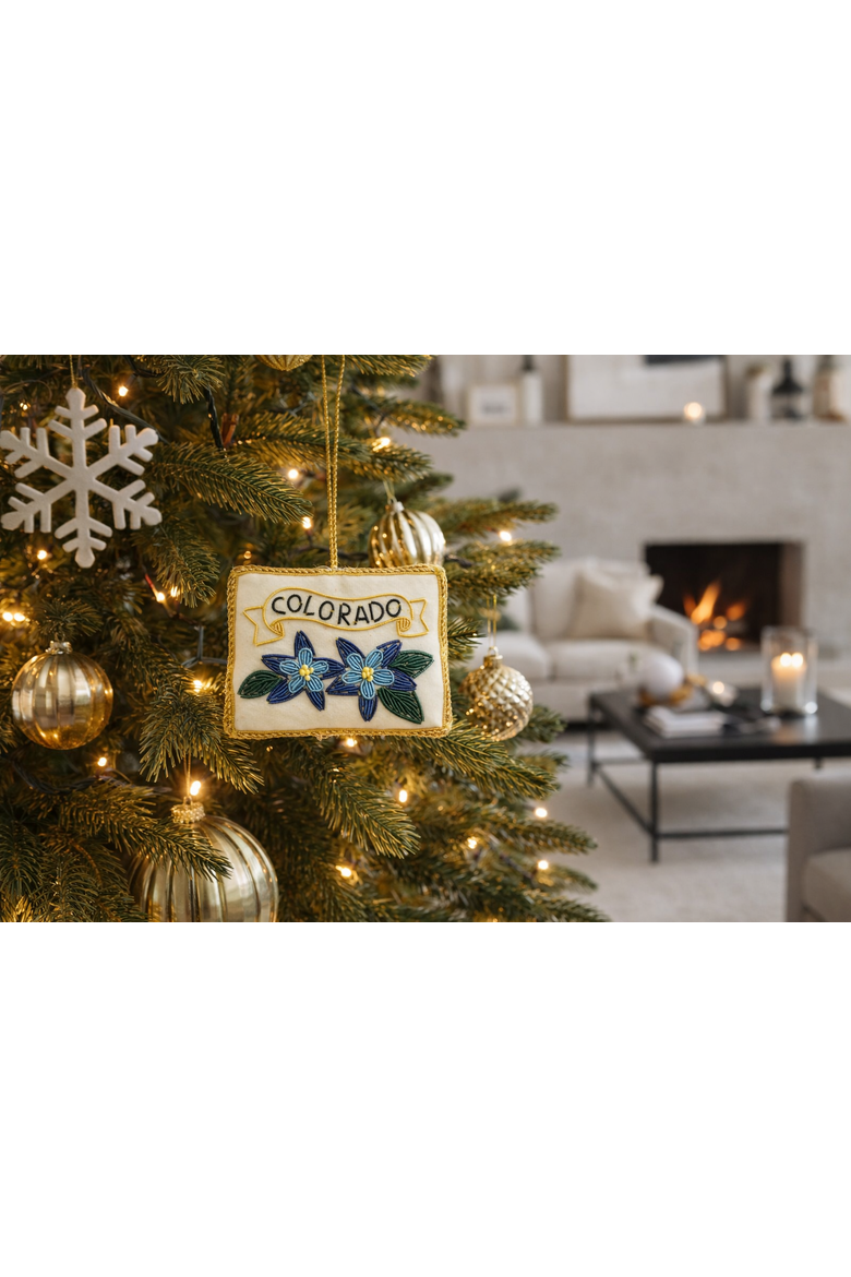 Colorado State Blue Columbine Beaded Fabric Ornament - Embroidered, Alternate, color, Blue