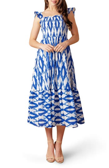 Flying Tomato Smocked Ruffle Strap Tiered Midi Dress In Ivory Blue