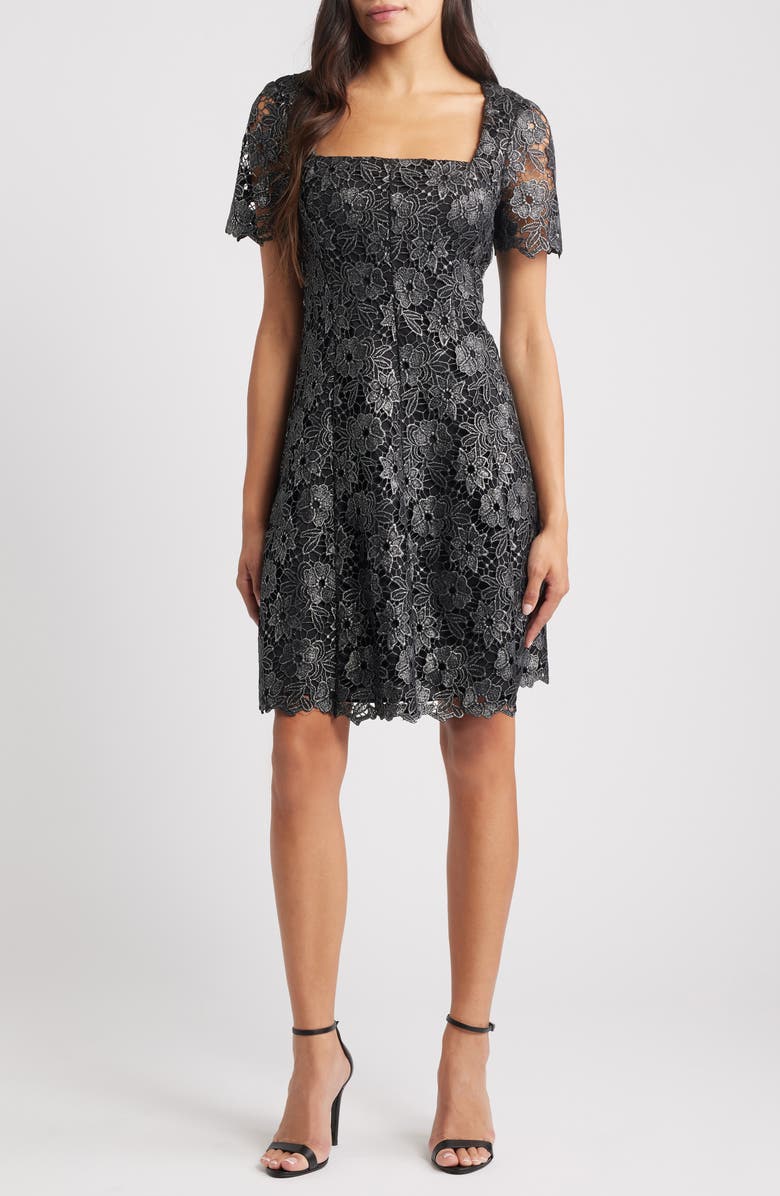 Eliza J Floral Lace Short Sleeve Fit & Flare Dress, Main, color, Black Silver