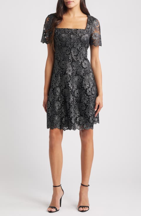 Floral Lace Short Sleeve Fit & Flare Dress
