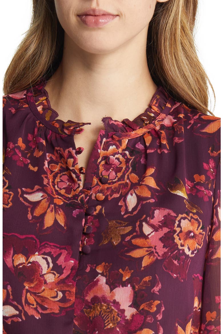 Floral Long Sleeve Chiffon Fit and Flare Dress, Alternate, color, WINE