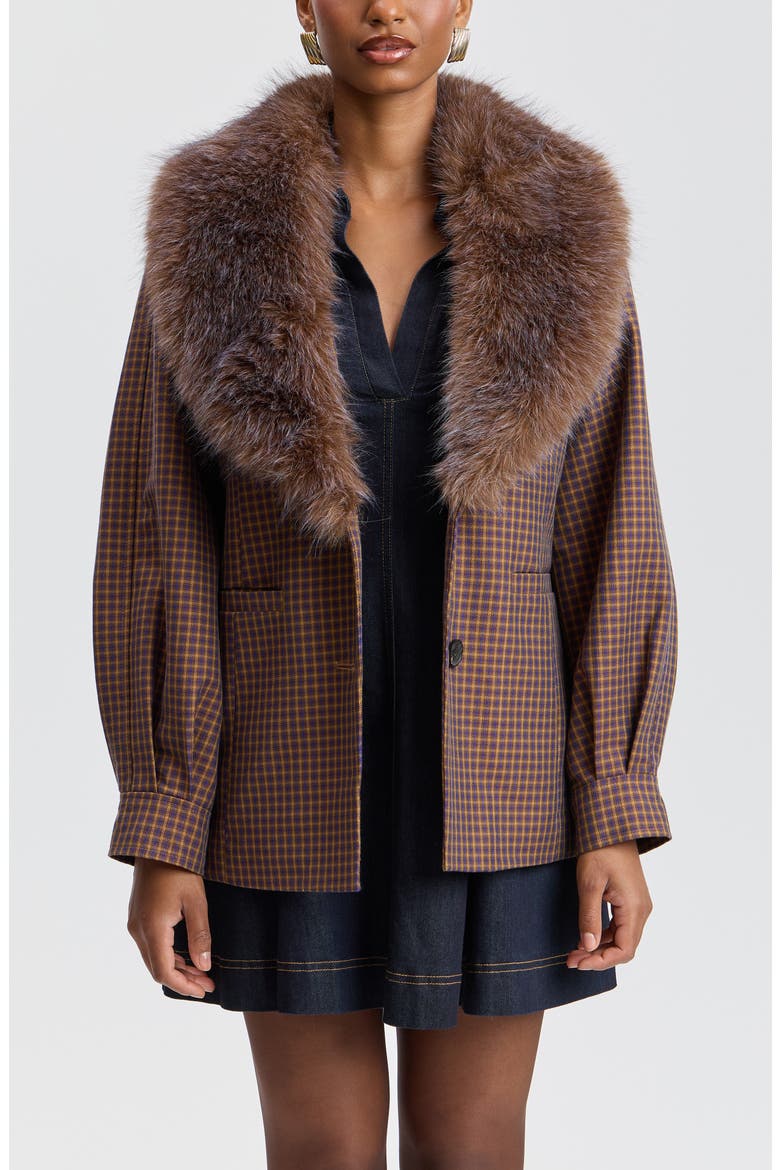Faux Fur Trim Oversized Blazer, Alternate, color, PURPLE/ CAMEL PLAID