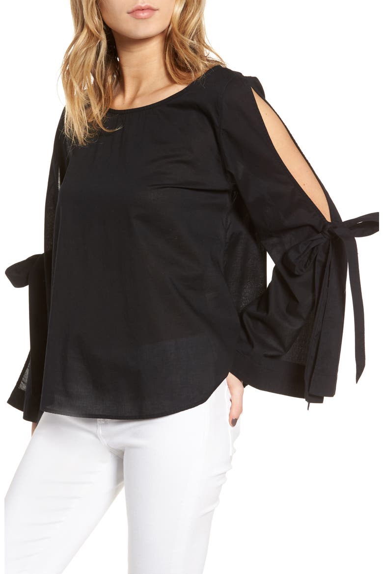 Tie Sleeve Blouse, Main, color, BLACK