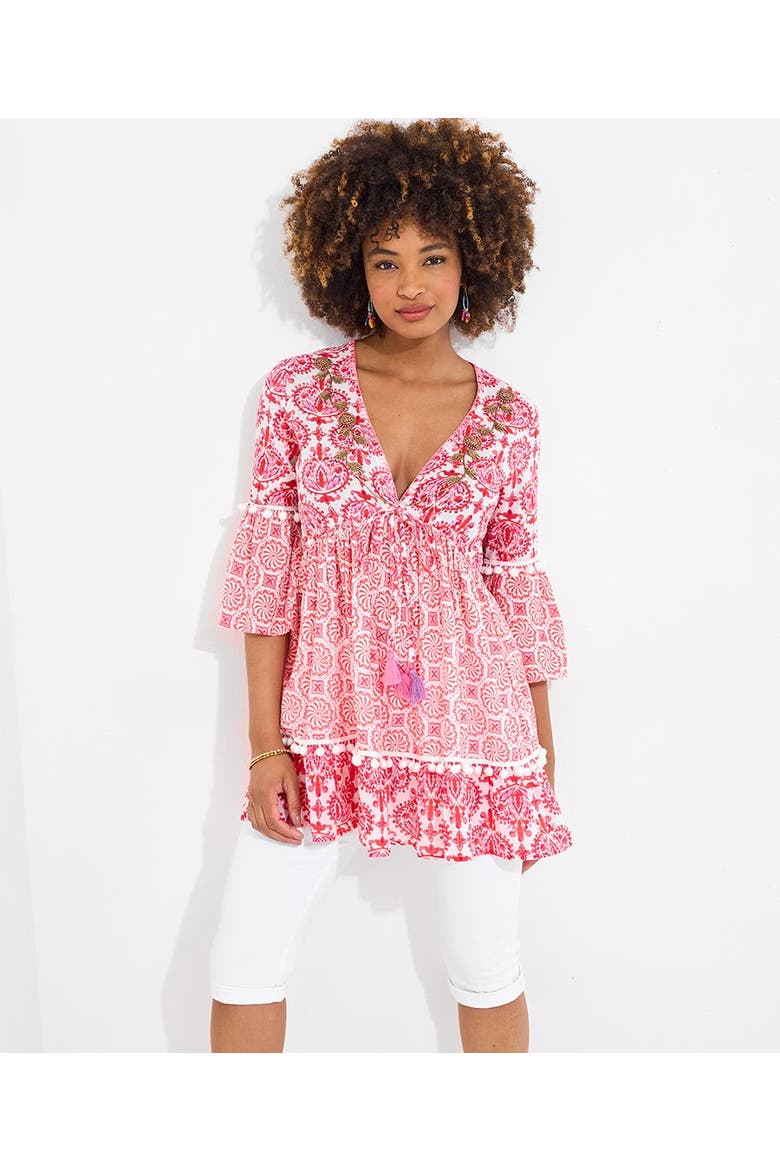 Bell Sleeve Pom Pom Tunic, Main, color, BOHO MEDALLION PATCHWORK
