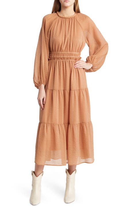 Smocked Waist Ruffle Metallic Maxi Dress