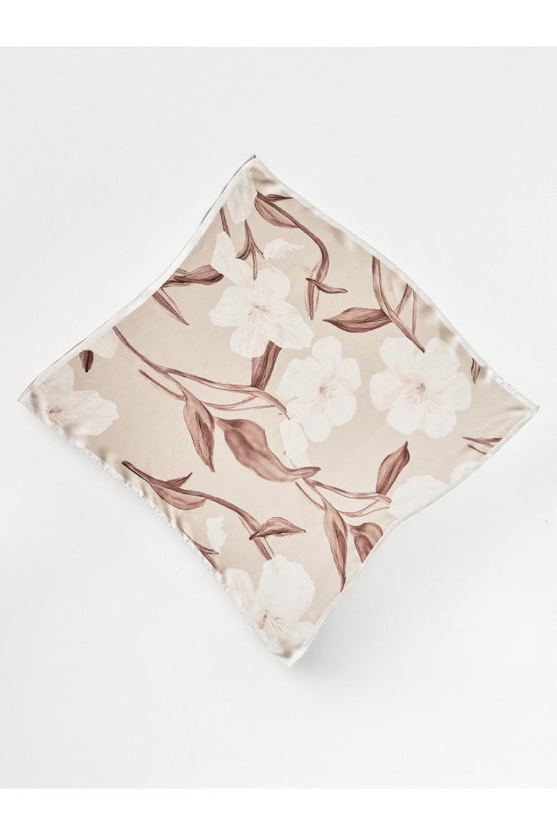 Floral Print Silk Scarf, Alternate, color, Biscotti/Charmeuse/White