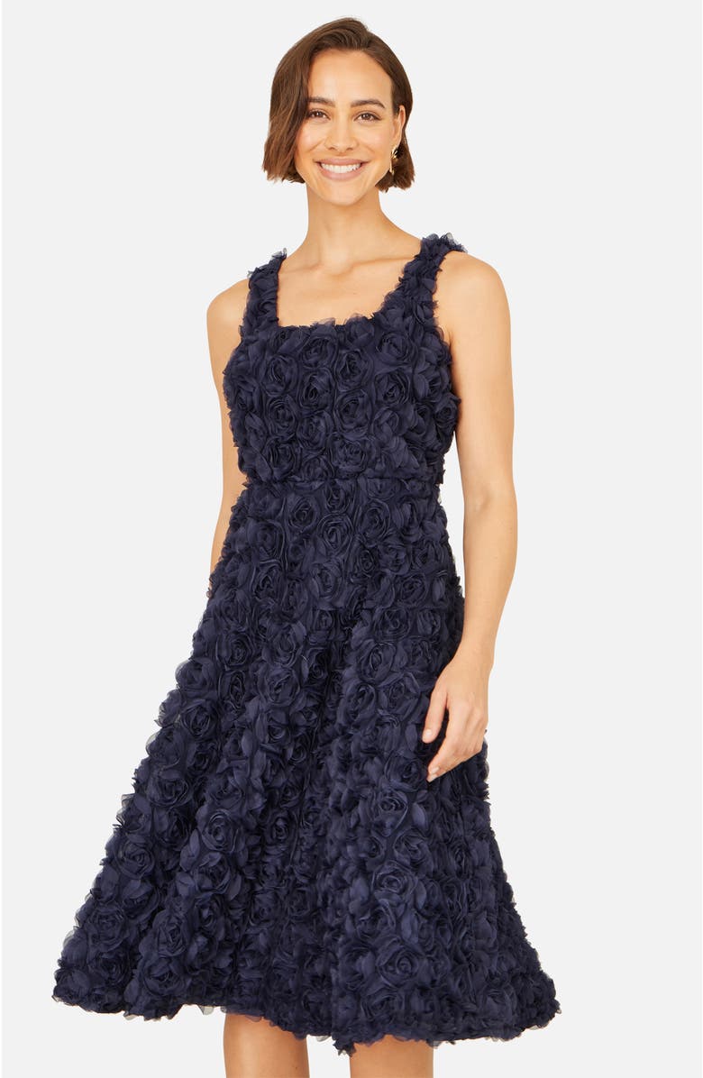 Yumi Applique Floral Skater Dress, Alternate, color, Navy