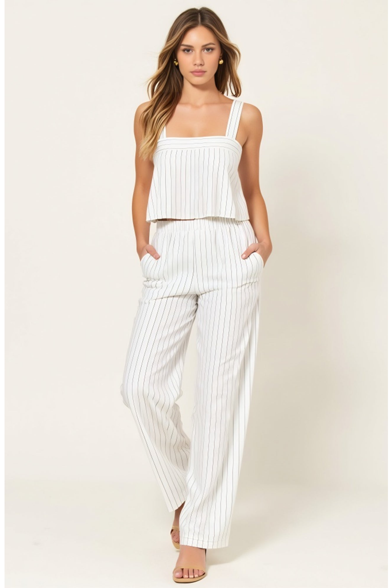 Striped Open Back Crop Top and Wide Leg High Waist Pant Outfit Set, Main, color, White / Black Striped