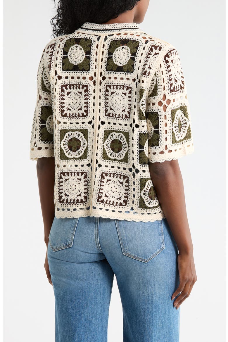 Open Knit Square Short Sleeve Cardigan, Alternate, color, NATURAL/ BLACK