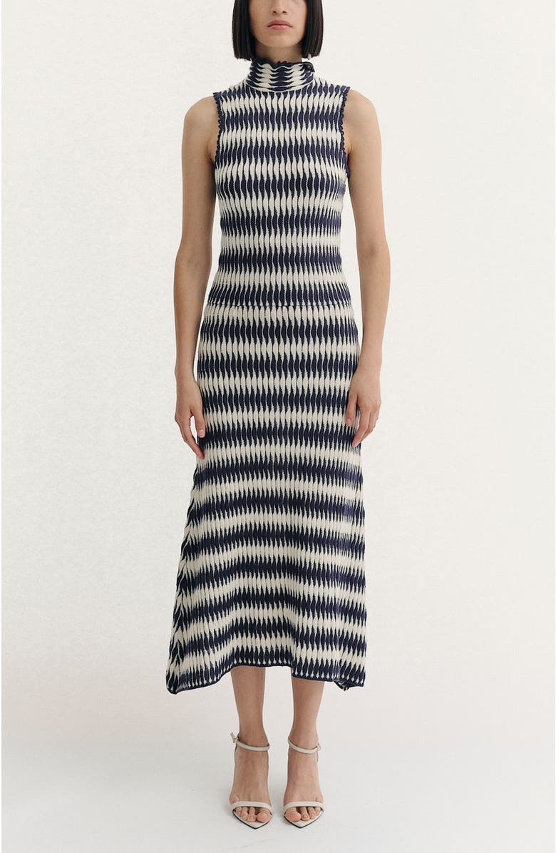 De Loreta Montebello Slip-on Mock Neck Cotton Blend Dress, Main, color, Navy/White