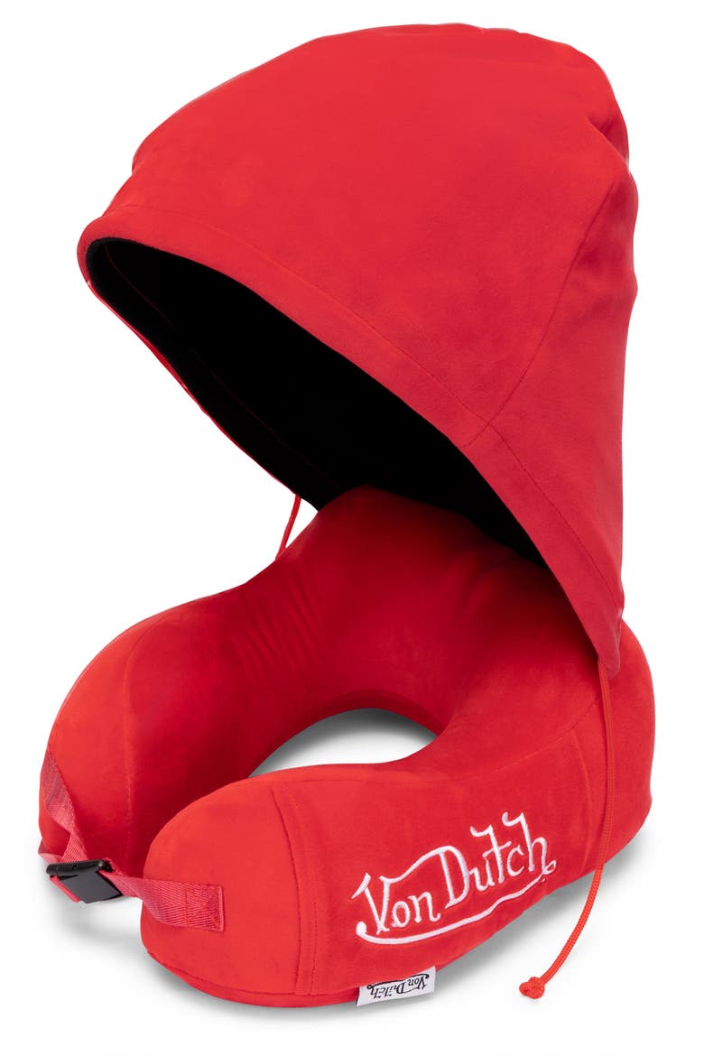 Eyeconic Hooded Ergonomic Memory Foam Travel Neck Pillow, Main, color, Red