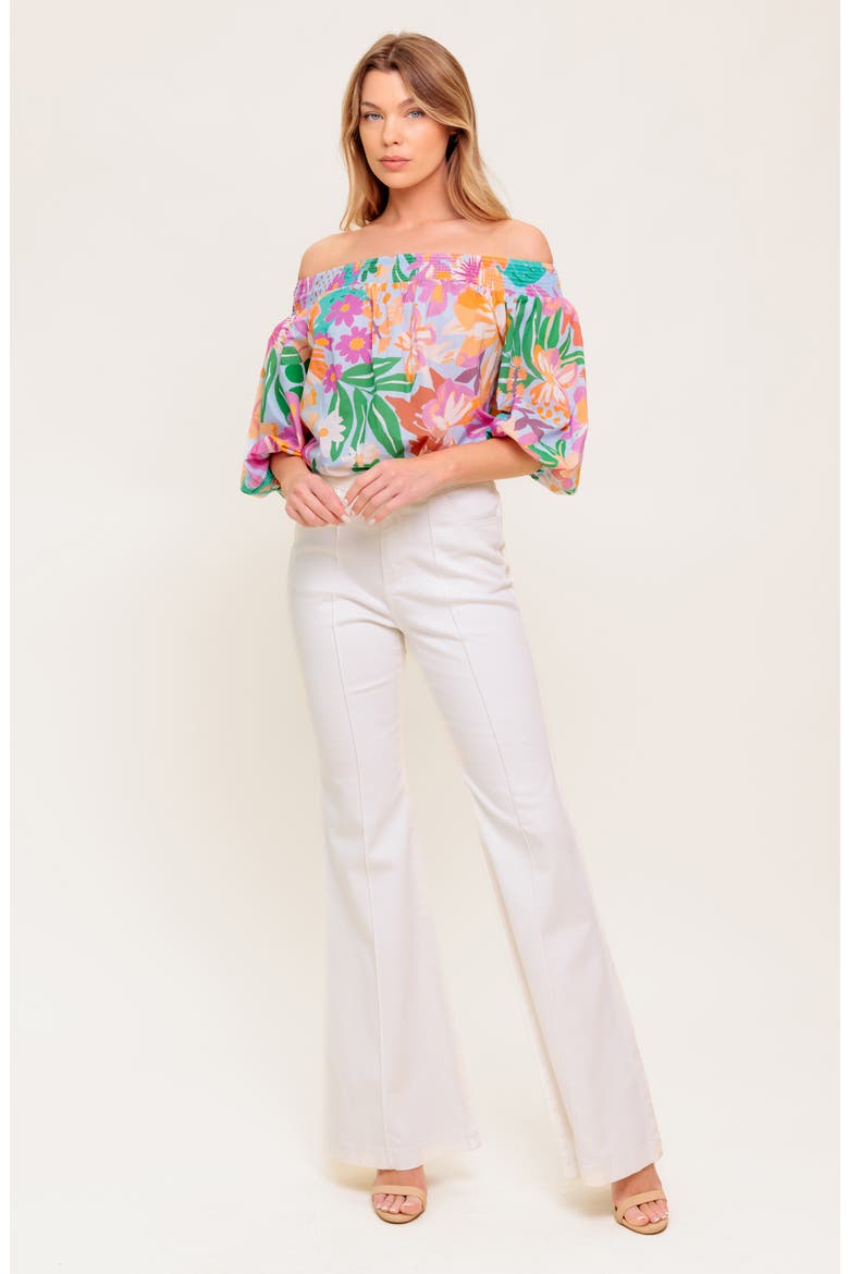Printed Off The Shoulder Top, Alternate, color, DUSTY BLUE/ ORANGE