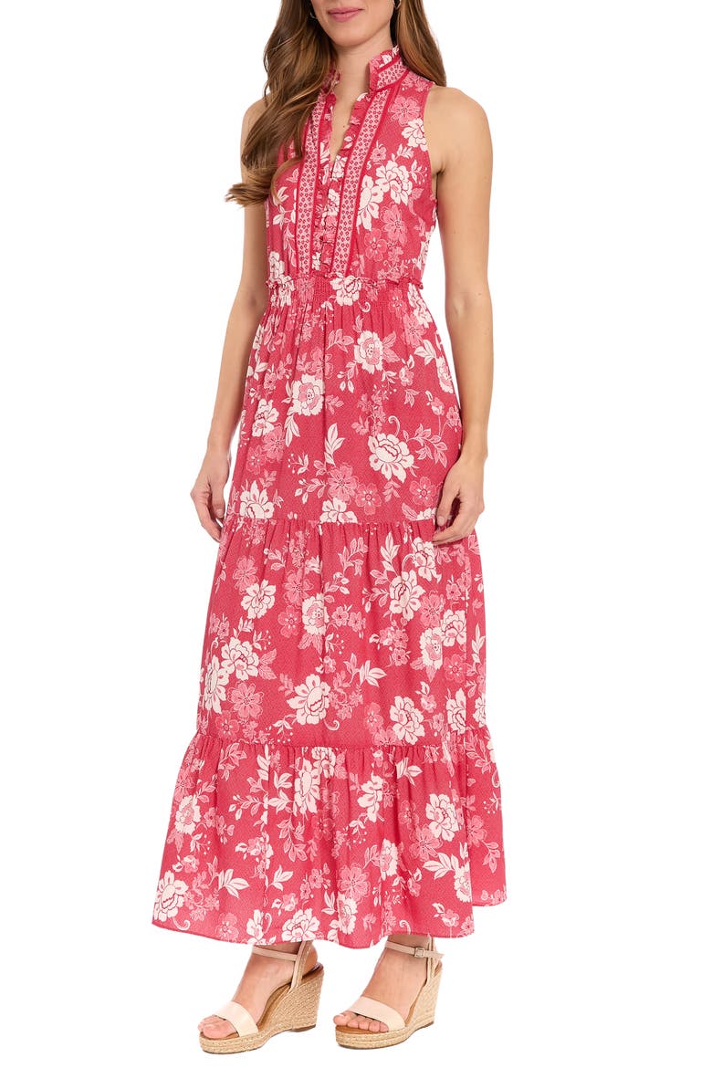Ruffle Neck Smocked Waist Maxi Dress, Alternate, color, RED/ WHITE